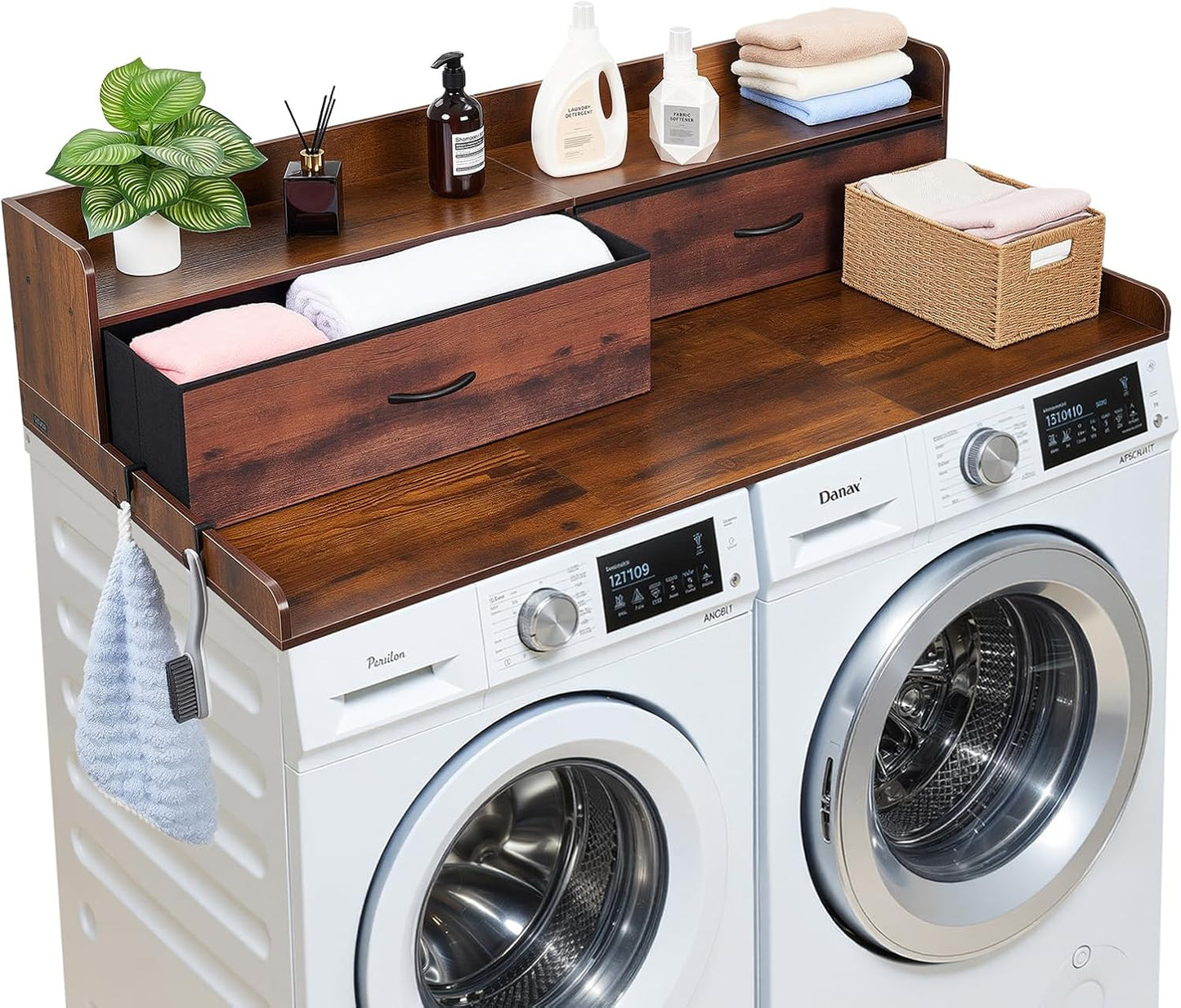 VEVOR Washer Dryer Countertop with 2-Tier Shelf, 54" x 27" Wooden Washer and Dryer Countertop with Anti-Slip Pads, Water-Resistant Laundry Topper Cover for Laundry Room Organization and Storage, Black