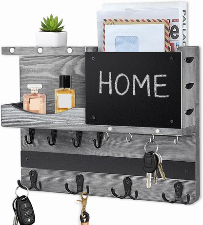 Key Holder for Wall Mount with Shelf and Mail Organizer, Key and Mail Holder with 16 Hooks, Farmhouse Entryway Organizer, Home Decor Rack (Pine Wood, Black)