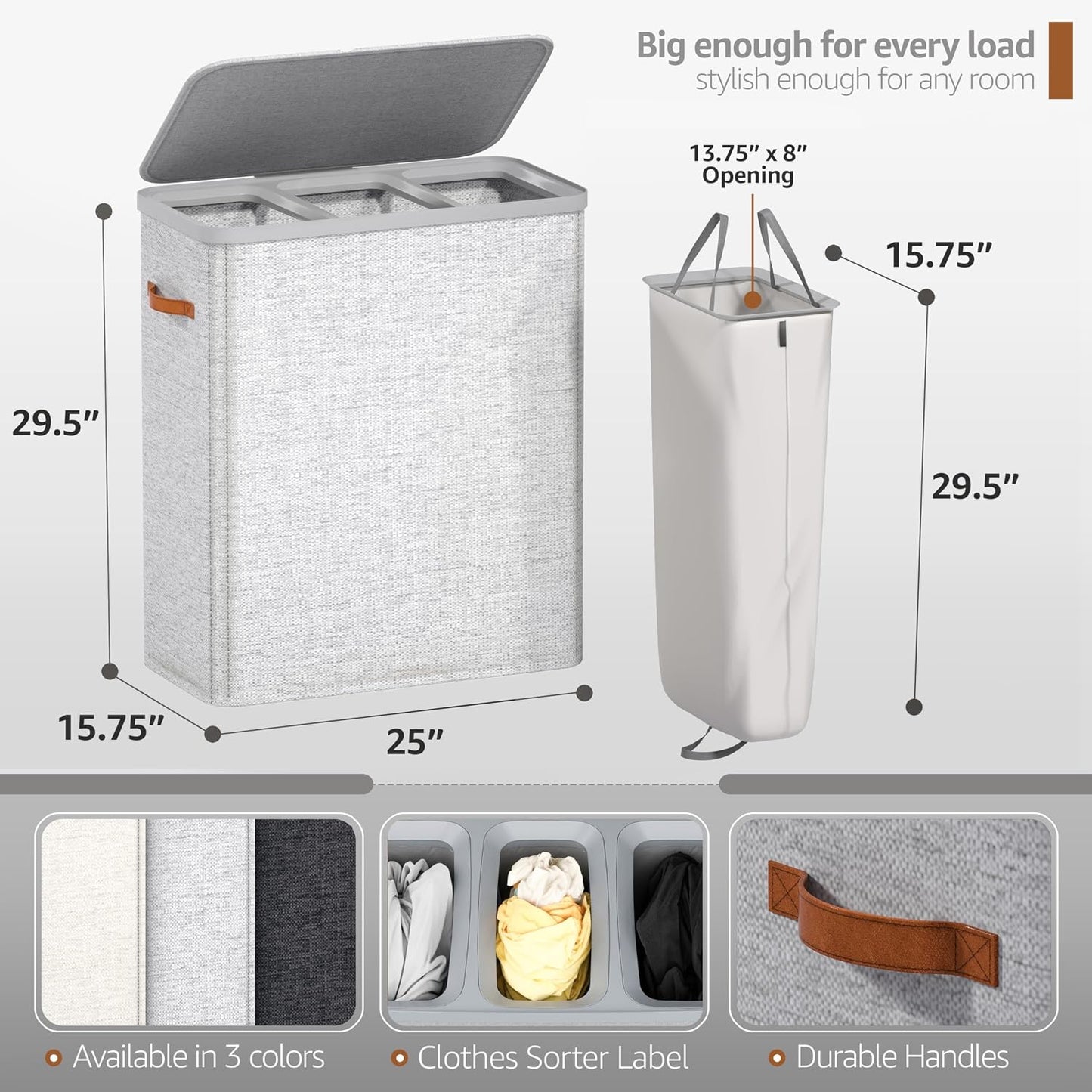 Sorbus Laundry Hamper with Lid - Collapsible 3-Compartment Fabric Laundry Basket with Handles and Removable Laundry Bag – 50 Gallon (190 L) Dirty Clothes Hamper for Bedroom, bathroom and dorm (Beige)