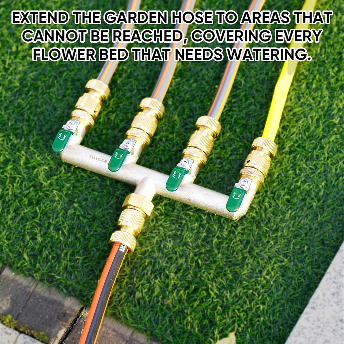 Garden Hose Splitter, 3/4” Rust and Freeze Resistant Outdoor Hose Manifold with 2 green Extra Long Handles Faucet Adapter-Heavy Duty Brass Nickel Plated 2-Way Valve