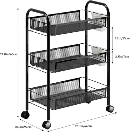 5-Tier Rolling Cart, Stackable Fruit Vegetable Rack, Kitchen Mesh Storage Basket with 360 Degree Wheels, Snack Cart for Kitchen Pantry Bathroom Organizer Heighten Guardrail Detachable (5-Tier Black)