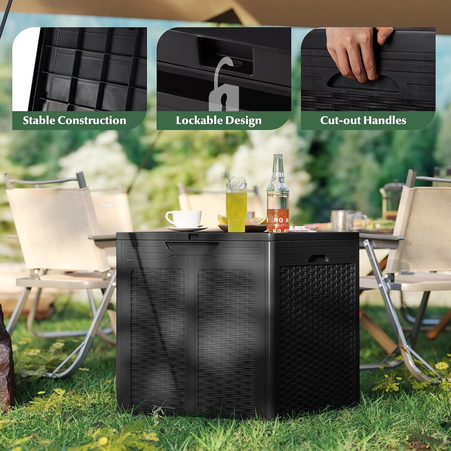 Tangkula 25 Gallon Waterproof Outdoor Storage Box with Lockable Lid | PP Resin, Wicker Patterned, Indoor Outdoor Use, Portable, Versatility, for Deck, Pool, Patio Cushions, Garden Tools