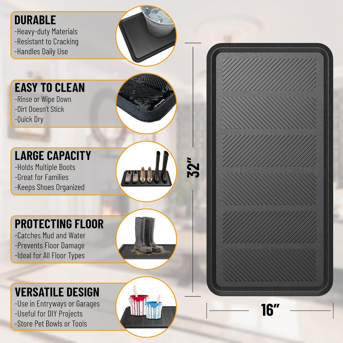 Ottomanson Waterproof Boot Tray Rubber Shoe Mat with Raised Edges, Heavy Duty Non Slip All Weather Entryway Mat for Shoes and Pets, Indoor Outdoor Use, 18" x 28"