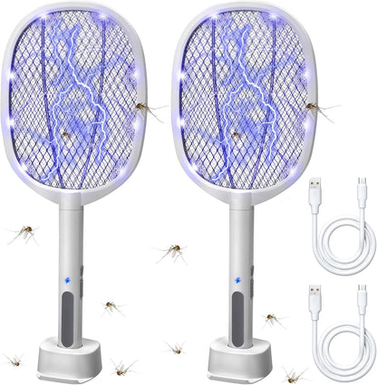 Lulu Home 2-in-1 Electric Bug Zapper Racket, 2 Pack 4000V High Voltage LED Lighted Handheld Mosquito Swatter with 3 Layer Safety Mesh, USB Charging Portable Fly Killer Racquet