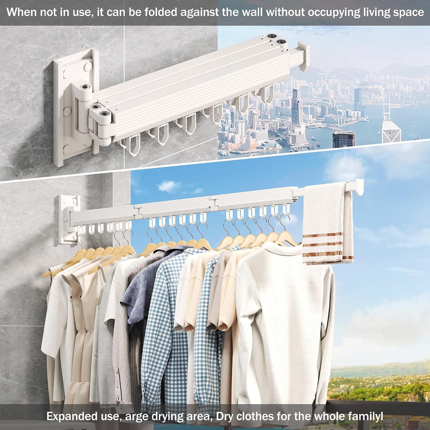 Wall Mounted Tri-Fold Clothes Drying Rack, Heavy Duty Collapsible Laundry Drying Rack, Space-Saving Retractable Foldable Drying Rack Clothes for Laundry Room Balcony Bathroom,Black-Hooks