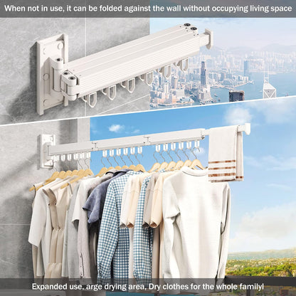 Wall Mounted Tri-Fold Clothes Drying Rack, Heavy Duty Collapsible Laundry Drying Rack, Space-Saving Retractable Foldable Drying Rack Clothes for Laundry Room Balcony Bathroom,Black-Hooks