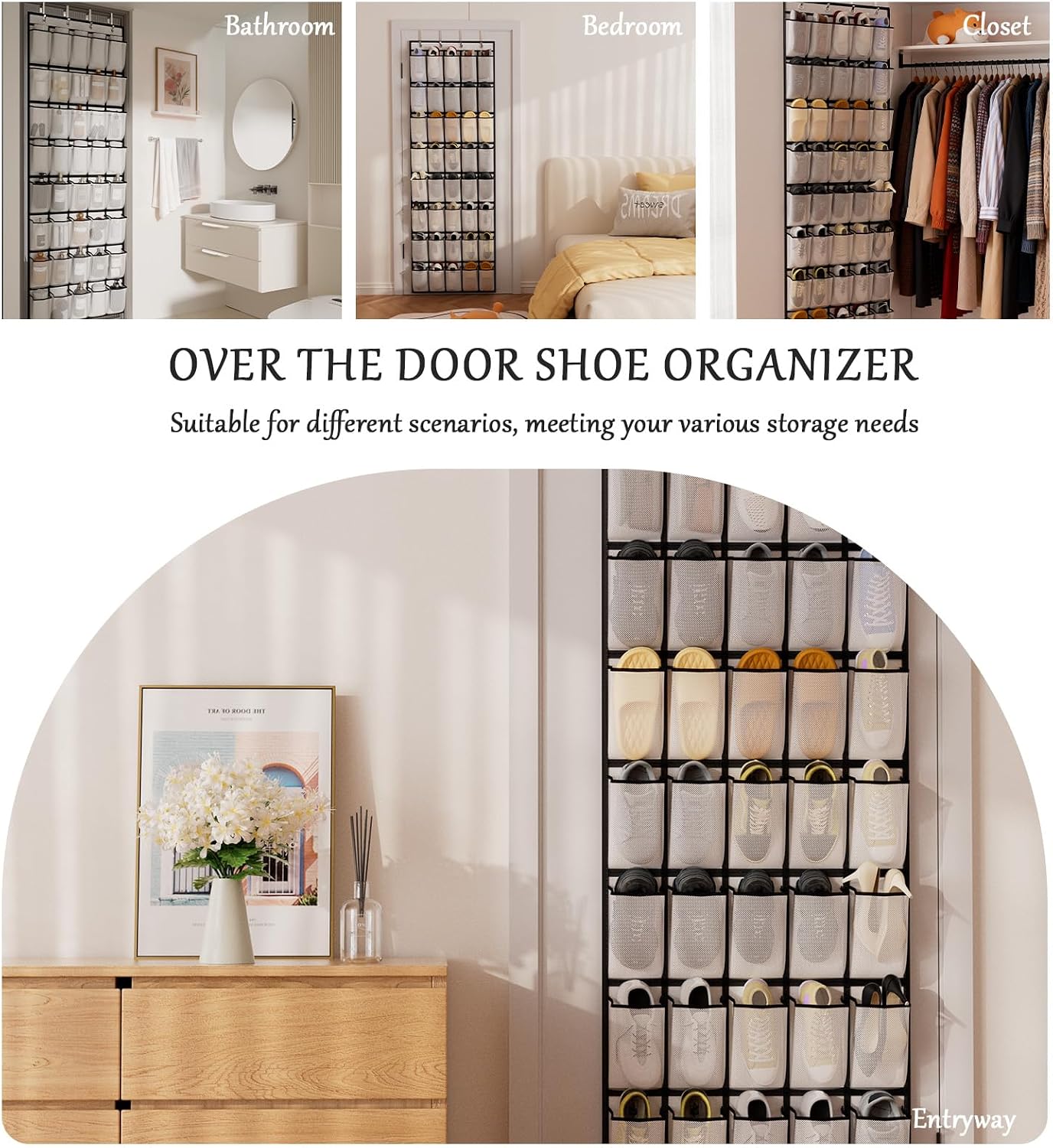 homyfort Over the Door Shoe Organizer, Hanging Shoe Rack Storage Holder with 24 Large Pockets for Closet Door, Men Women Kids Shoes, Cruise (Black)