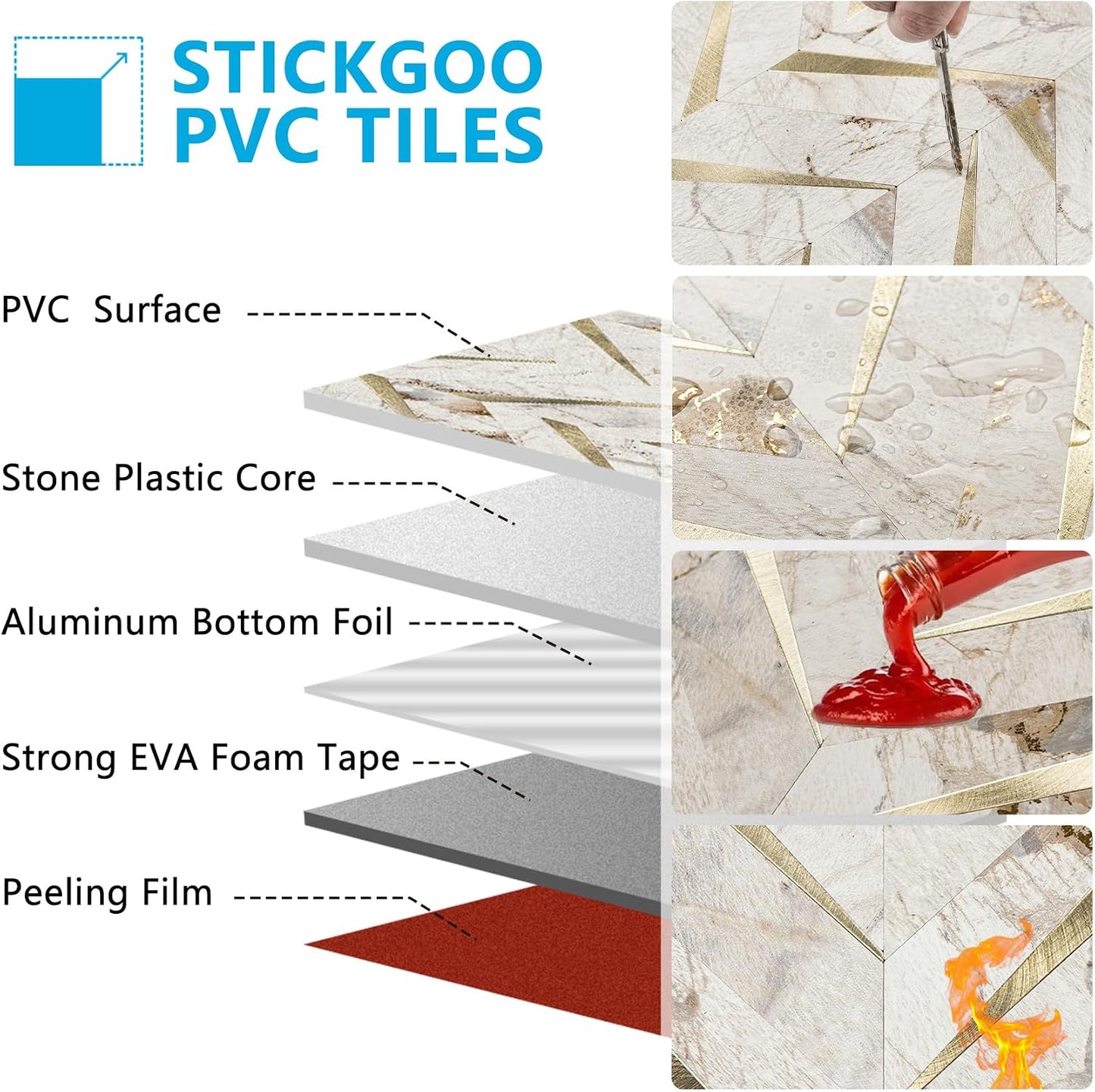 STICKGOO 10-Sheet Herringbone Tile Peel and Stick Backsplash, Beige Mixed Metal Gold PVC Stick on Backsplash, Self Adhesive Wall Tile for Kitchen and Bathroom
