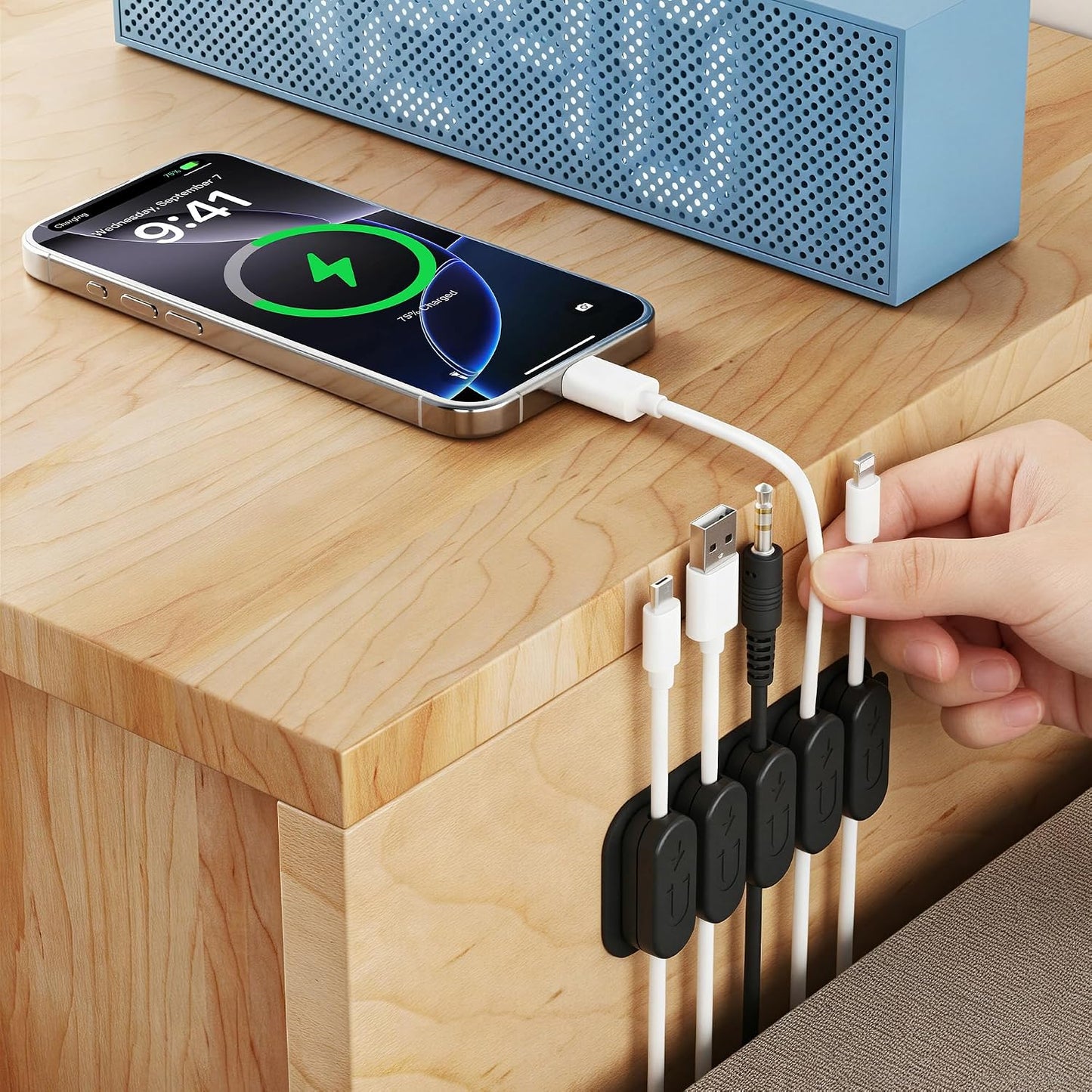 Chargeworx Magnetic Cable Clips - Cord Holder Organizer, No Drill Self-Adhesive Base, Cable Organizer, Repositionable Magnetic Clips, 5-Pack, USB-C Lightning Micro-USB, Desk Nightstand Wall Car, Black