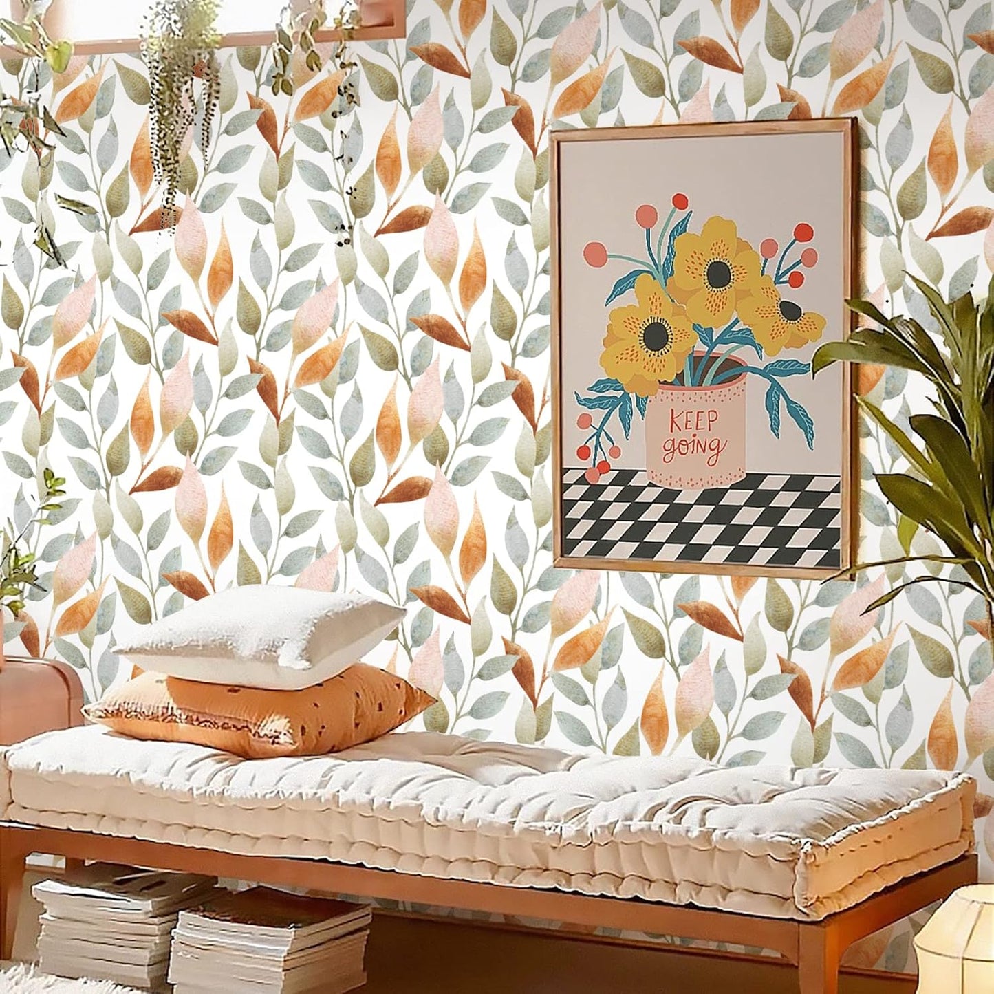 Floralplus Peel and Stick Wallpaper Removable Leaf Boho Wallpaper for Bathroom Floral Renter Friendly Wallpapers for Bedroom Leaf Contact Paper for Kitchen Cabinet Home Decor 17.5 x 118 in