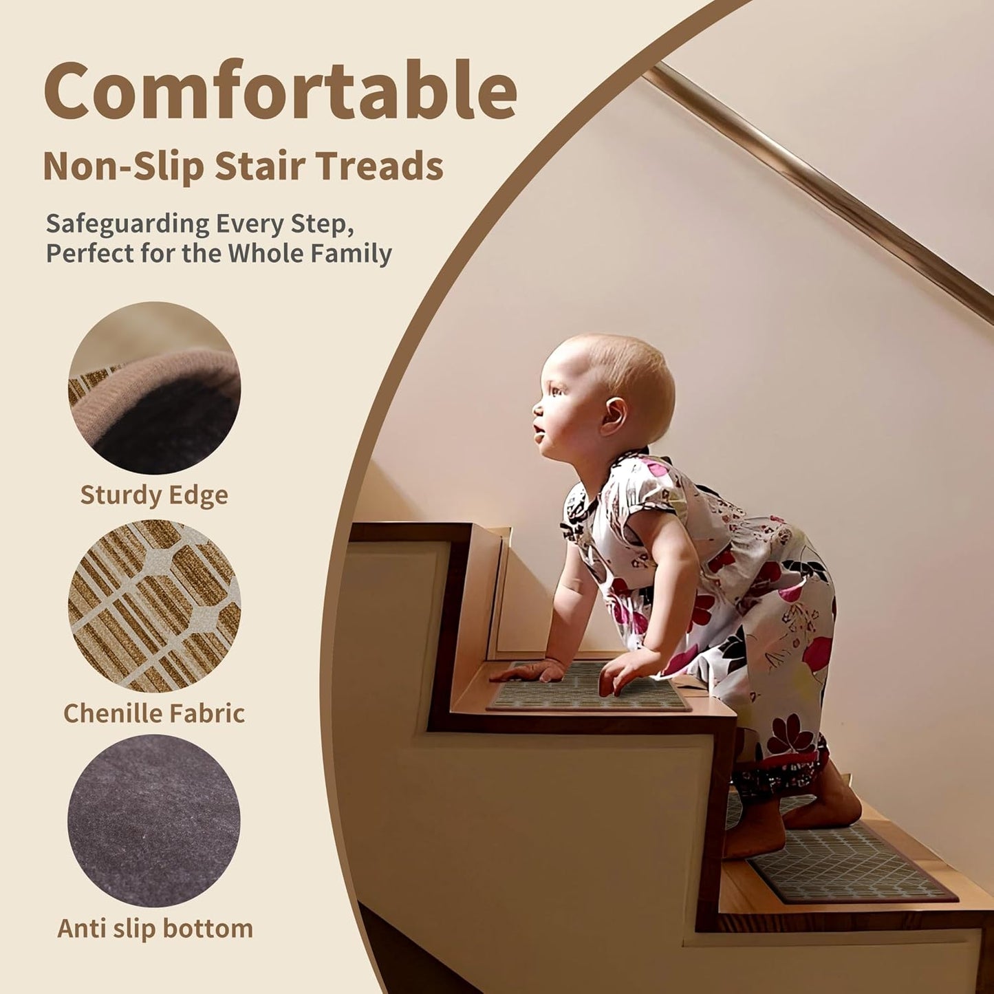 Non-Slip Carpet Stair Treads 15PCS, 8"x30" Peel and Stick Stair Runner for Wooden Steps Indoor, Washable Reusable Adhesive Backing, Pet-Friendly Safety Mats for Kids, Elders, Dogs
