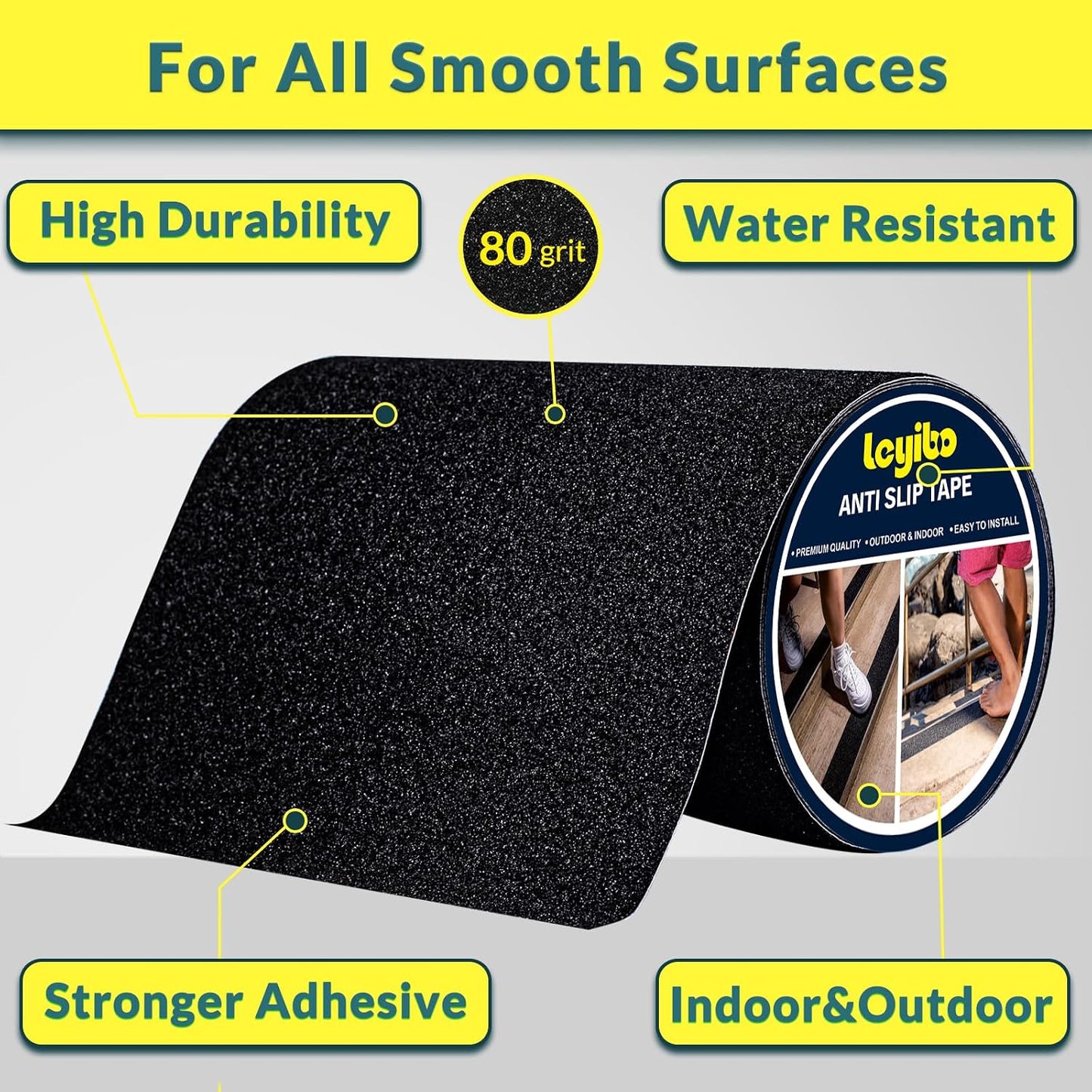 Anti Slip Tape, 12 Inch x 16 Ft Grip Tape for Stairs Outdoor/Indoor, Waterproof Non Skid Roll for Stair Treads Non Slip, High Traction Friction Abrasive Adhesive Stair Steps - Black
