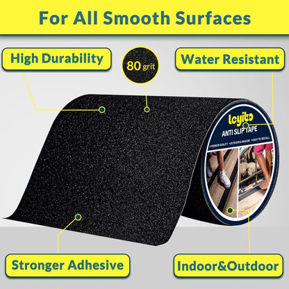 Anti Slip Tape, 12 Inch x 16 Ft Grip Tape for Stairs Outdoor/Indoor, Waterproof Non Skid Roll for Stair Treads Non Slip, High Traction Friction Abrasive Adhesive Stair Steps - Black