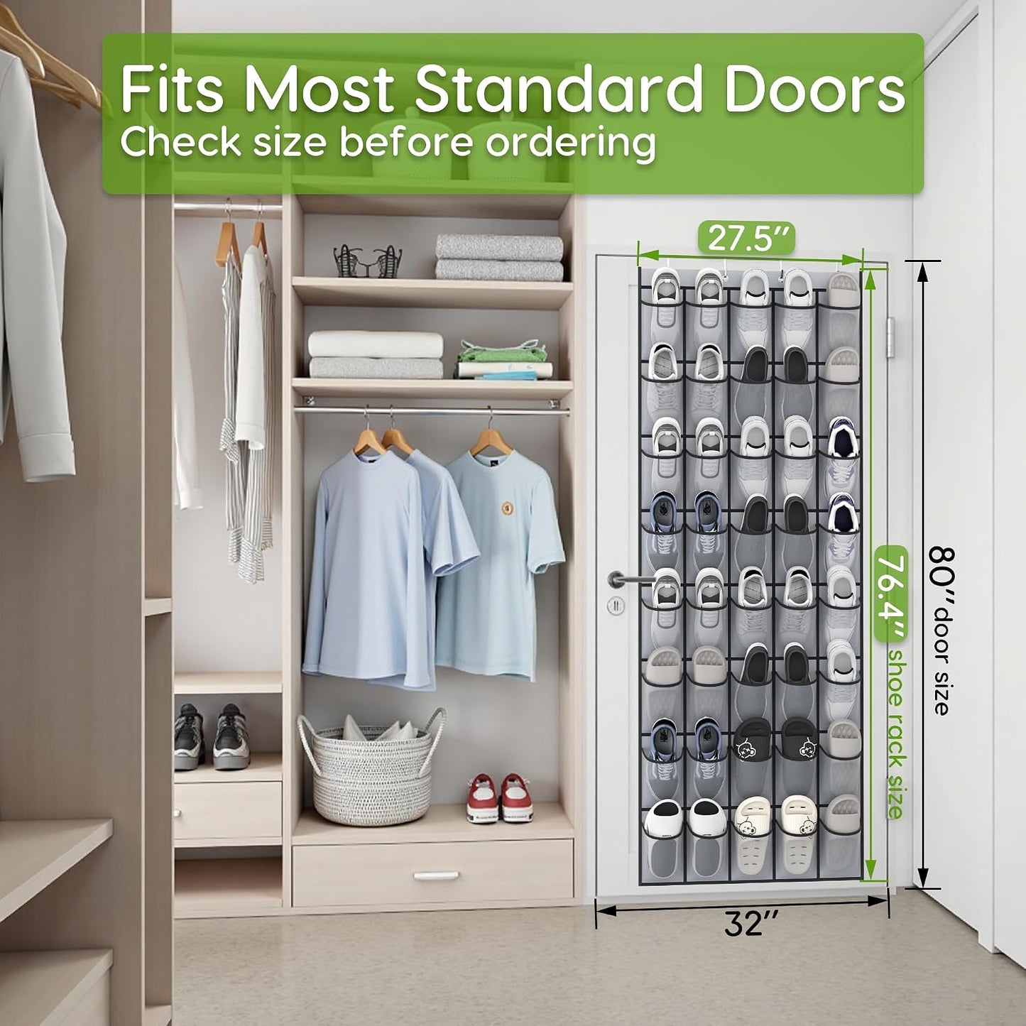 Over the Door Shoe Organizer with 40 Large Breathable Mesh Pockets, Space Saving Shoe Holder, Hanging Shoe Rack for Entryway Bedroom Closet Storage (White, 40 Pockets)