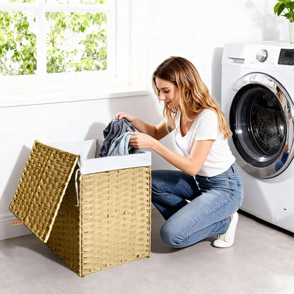 Wicker Laundry Hamper with Lid,34 Gal(130 L) Rattan Laundry Basket 2 Sections with Lid, Removable Machine Washable Line, Large Clothes Hamper with Handles for Bathroom Bedroom, Gray