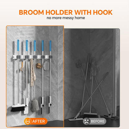 4 Pack Stainless Steel Mop and Broom Gripper with Hook, Screw Drilling or Self Adhesive Mop and Broom Holder Wall Mount, Storage Rack for Closet Laundry Garage Garden Tool Organizer, Silver