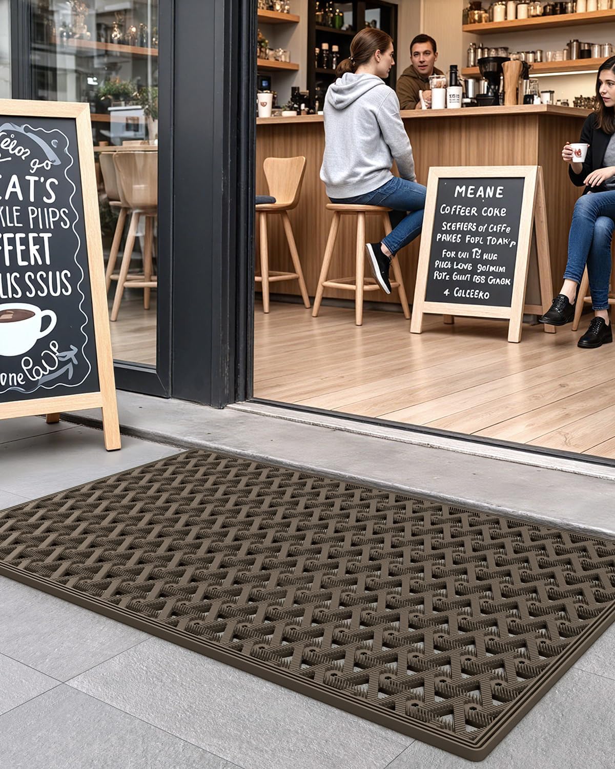 DEXI Front Door Mat Outside Entrance Rubber 19x30, Welcome Floor Doormat Heavy Duty Non Slip, Dirt Trapper Waterproof Exterior Entry Mats All Weather for Patio Entryway Drainage, Black