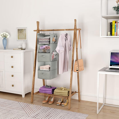 MAX Houser 4-Shelf Hanging Closet Organizer, Space Saver, Cloth Hanging Shelves with 2 Side Pockets, Foldable (Beige)