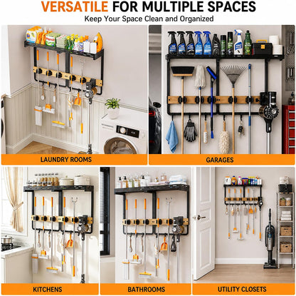 Large Broom Mop Holder Wall Mounted with Top Shelf,3-in-1 Cleaning Supplies Organizer, Laundry Room Storage Rack with 5 Clamps and 6 Removable Hooks for Home Garage, Utility Room and Kitchen