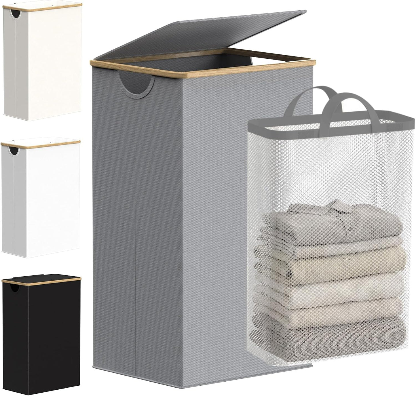 efluky Slim Laundry Basket with Lid, Narrow Laundry Hamper with Removable Bag, Skinny Dirty Clothes Basket with Bamboo Handles for Bathroom, Bedroom & Laundry Room, 75L Beige