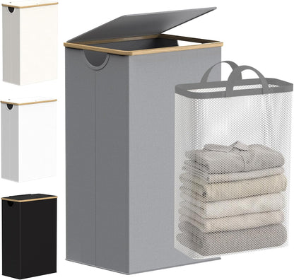 efluky Slim Laundry Basket with Lid, Narrow Laundry Hamper with Removable Bag, Skinny Dirty Clothes Basket with Bamboo Handles for Bathroom, Bedroom & Laundry Room, 75L Beige