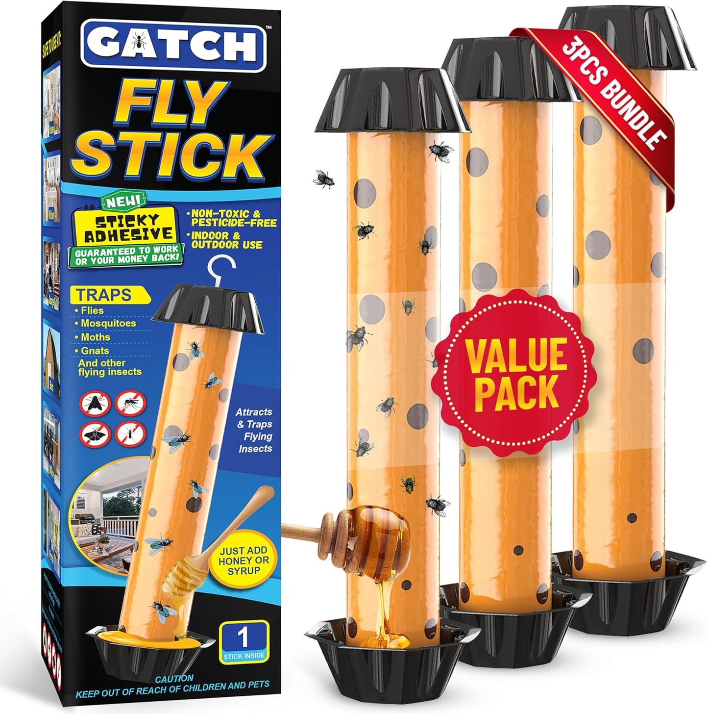 GATCH Fruit Fly Trap (3 Pack), Fly Stick for Mosquitoes, Sticky Trap for Flies Gnats Wasp Flying Insects, Bug Catcher, Indoor or Outdoor Use, Ready to Use Home