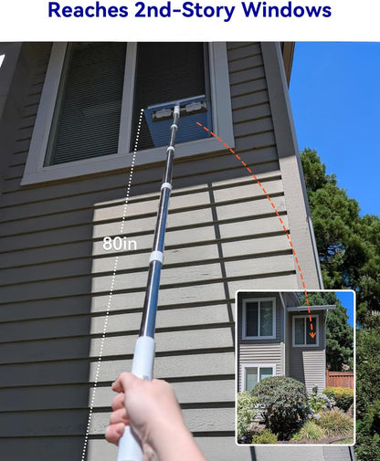 CTIME 80" Window Washing Kit with Extension Pole : Professional Window Cleaner Tool | Window Cleaning Squeegee Kit for High/Outdoor/Glass & Bathroom Surfaces with Storage Bag + 5 Microfiber Cloths