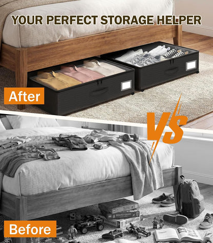 Under Bed Storage with Wheels, 10 inches Under Bed Storage Containers, 65L XXL Large Adjustable Underbed with Lids, Rolling Underbed Storage bins for Shoes, Clothes, Blankets, White
