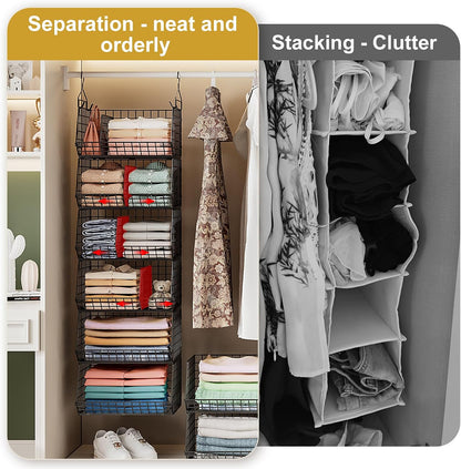 Jautokerdar 4 Tier Hanging Closet Organizer with Dividers,Extra Large Storage Hanging Shelf with 5 S Hooks 4 Dividers,Hang on Wire Closet Shelving Clothes Organizer-Black
