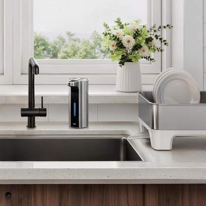 EKO Aroma 9 fl oz Automatic Liquid Soap Dispenser, Rechargeable & Water-Resistant Soap Dispenser for Kitchen and Bathroom with Adjustable Volume Control (Matte Black Steel)