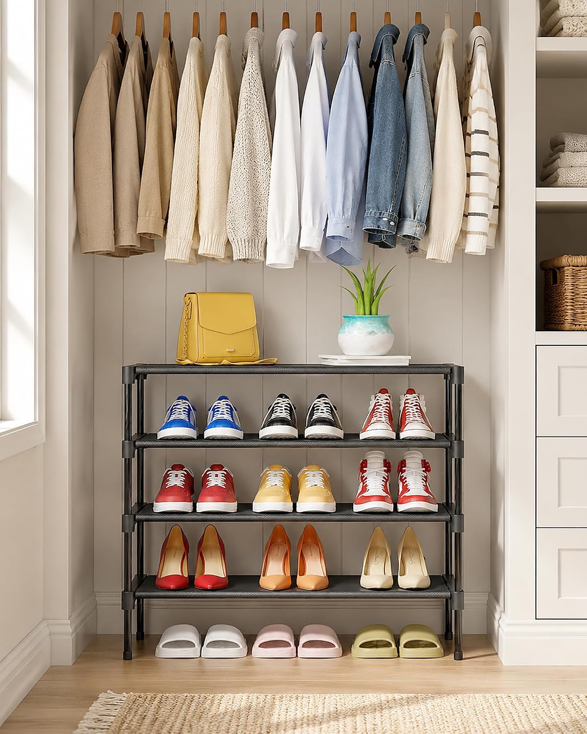 Kitsure Shoe Rack - Non-Woven Shoe Rack Shelf, Shoe Organizer for Closet, Entryway, Garage & Corridor, Stackable Shoe Shelves, 27.5" Wide - 3 Tier, Black