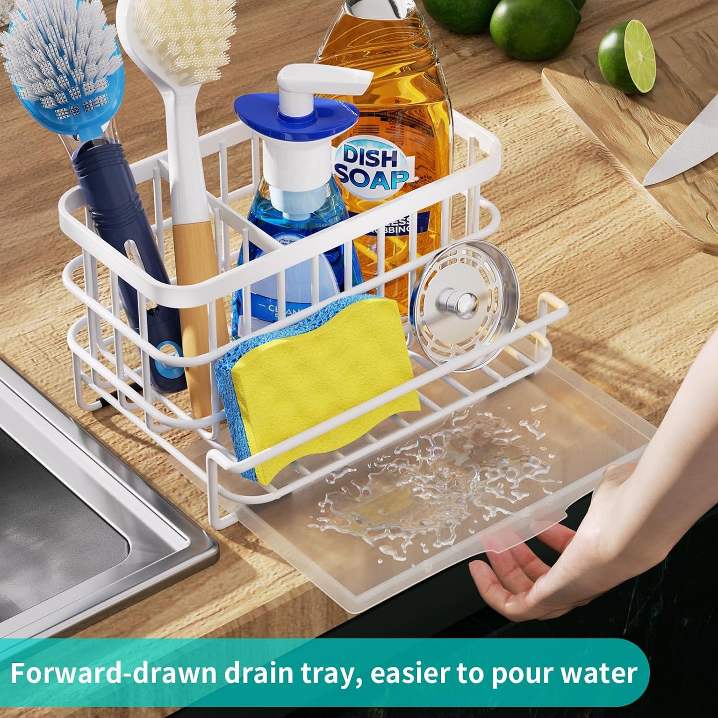 HapiRm Kitchen Sink Organizer, SUS304 Stainless Steel Rustproof Multifunctional Large Sink Caddy with Sponge Holder and Drain Tray for Kitchen Countertop (Silver)