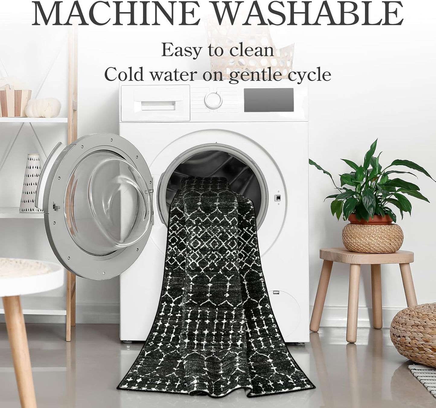 Lahome Moroccan Entry Rug 2x3, Non-Slip Washable Front Indoor Door Mat Rubber Backing Low-Profile Door Rugs, Small Geometric Print Distressed for Entryway Bathroom Kitchen, Black Hana