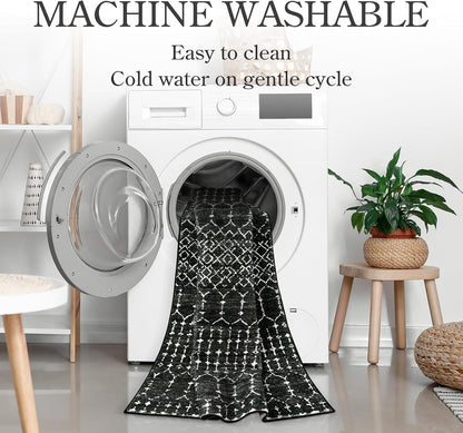 Lahome Moroccan Entry Rug 2x3, Non-Slip Washable Front Indoor Door Mat Rubber Backing Low-Profile Door Rugs, Small Geometric Print Distressed for Entryway Bathroom Kitchen, Black Hana