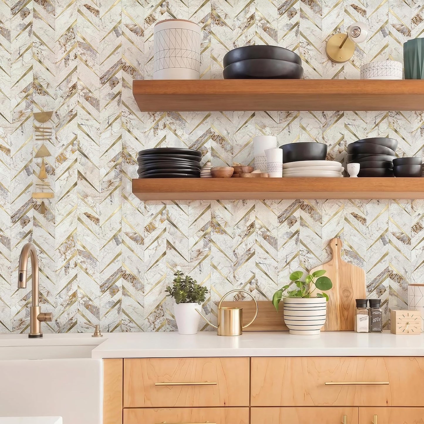 STICKGOO 10-Sheet Herringbone Tile Peel and Stick Backsplash, Beige Mixed Metal Gold PVC Stick on Backsplash, Self Adhesive Wall Tile for Kitchen and Bathroom