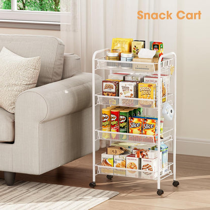 TOOLF 3-Tier Metal Rolling Cart, Mesh Wire Easy Assemble Utility Cart, Storage Trolley on Wheels with 3 Hooks, MetalStorage Shelving Units for Kitchen Bathroom Laundry Room