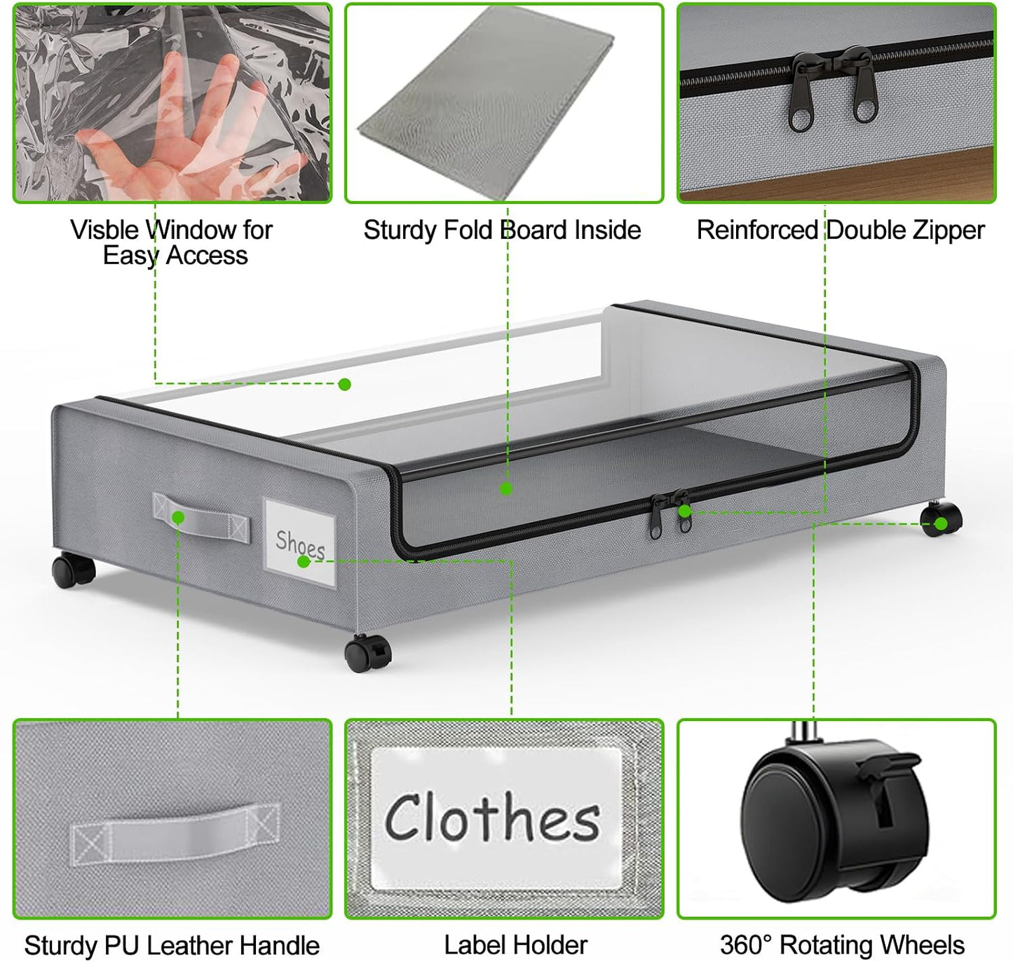 Molutsody Under Bed Storage with Wheels, 2-Pack Underbed Storage Containers with Clear Lids, Under Bed Shoe Storage Organizer, Rolling Under the Bed Storage Bins for Clothes Shoes Blankets (Black)