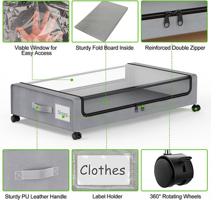 Molutsody Under Bed Storage with Wheels, 2-Pack Underbed Storage Containers with Clear Lids, Under Bed Shoe Storage Organizer, Rolling Under the Bed Storage Bins for Clothes Shoes Blankets (Black)