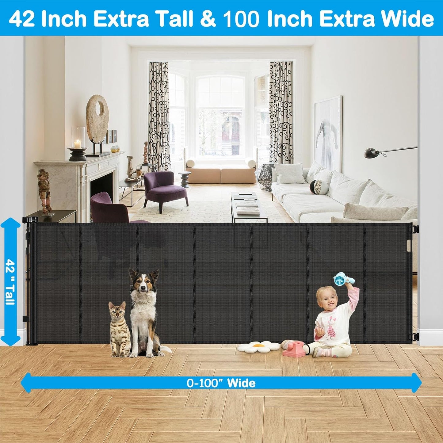 42 Inch Extra Tall Retractable Baby Gates with Reinforced Strips 55 Inch Wide Outdoor Retractable Dog Gate No Sag Extra Tall Baby Gate for Doorway Anti-Scratch Mesh Gates for Kids or Pets, White