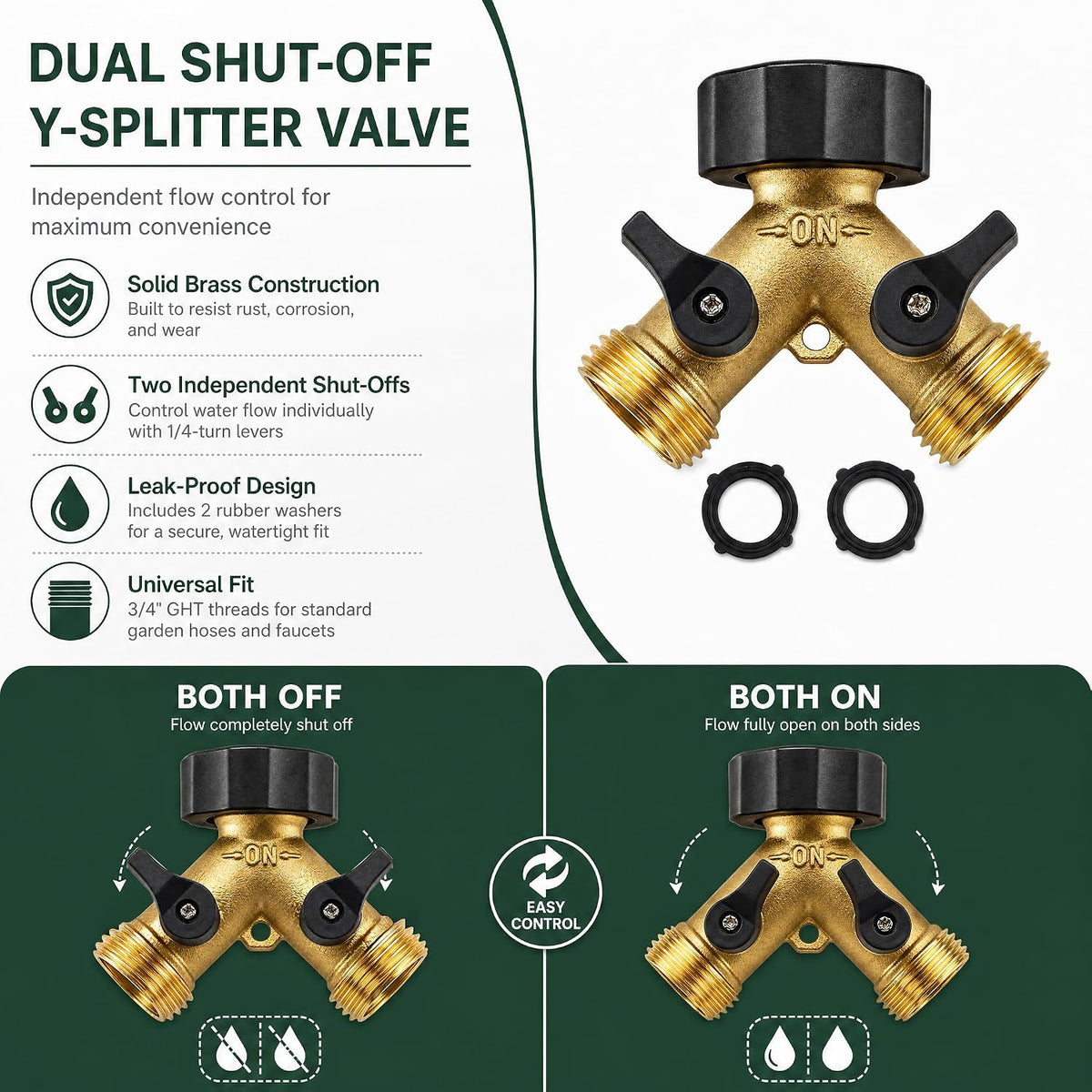 Xiny Tool Hose Splitter, Garden Hose Splitter Heavy Duty 2 Way, Solid Brass Water Hose Y Splitter 2 Valves with 2 Extra Rubber Washers