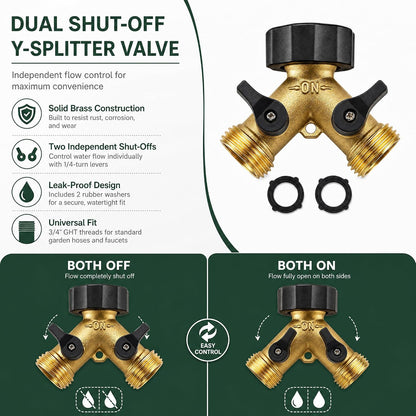 Xiny Tool Hose Splitter, Garden Hose Splitter Heavy Duty 2 Way, Solid Brass Water Hose Y Splitter 2 Valves with 2 Extra Rubber Washers