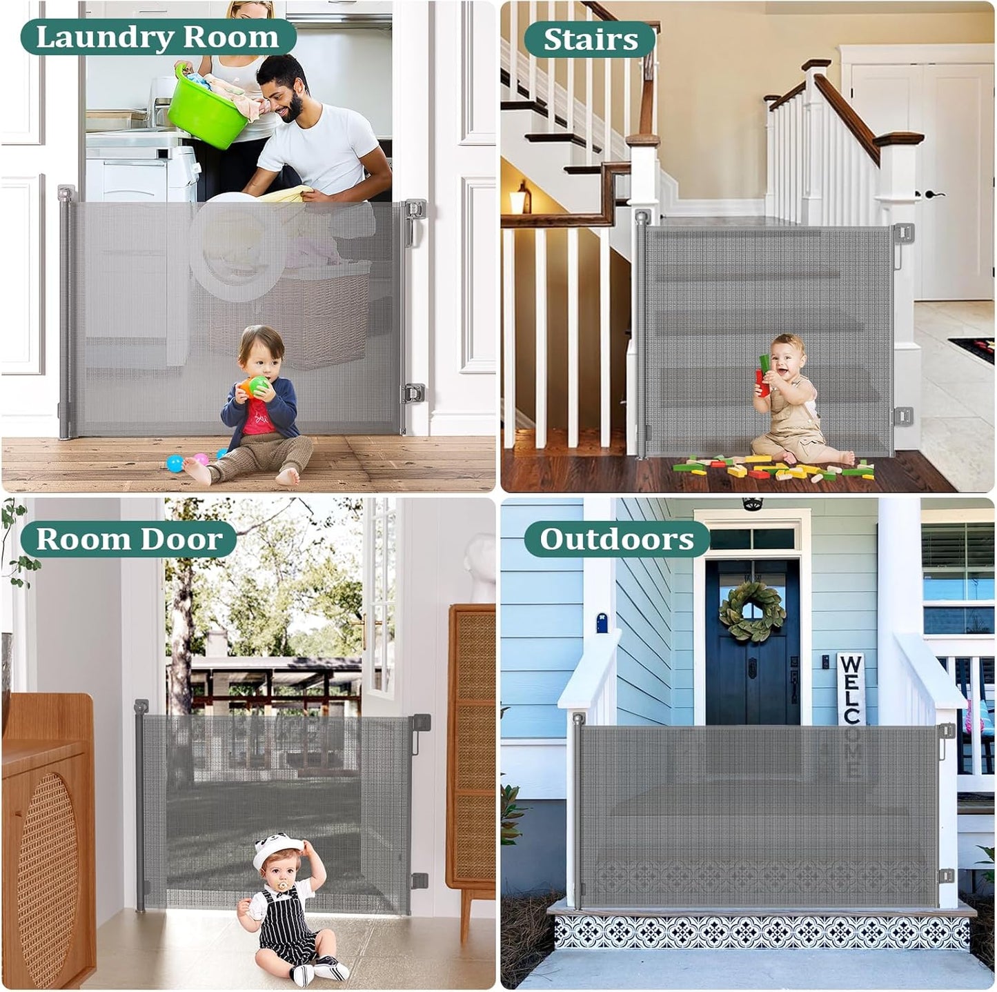 Babepai Retractable Baby Gates Extra Wide | 55" Wide x 34" Tall Dog Gates for Stairs | Indoor/Outdoor Use | Child Gates for Doorways, Deck, Porch, Hallways, Patio - Gray