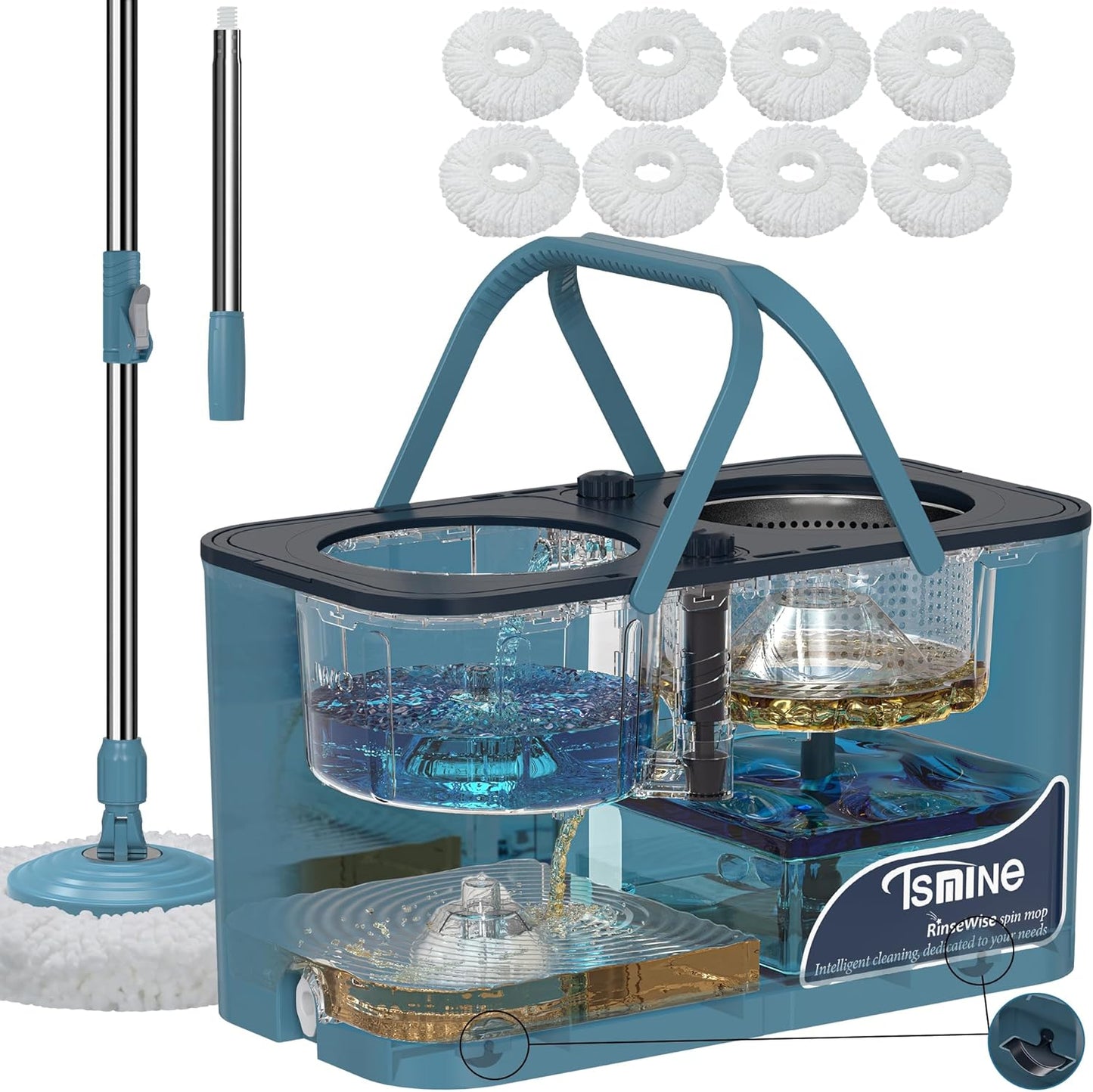 Spin Mop for Large Homes & Big Floor Cleaning, Clean & Dirty Water Separation Mop Bucket for Family & Pet Homes,4-Chamber System, Glide Wheels, Safe for Hardwood & Tile, Adjustable Handle, 6 Mop Heads
