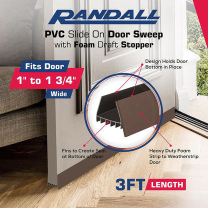 PVC Slide on Door Sweep with Foam Draft Stopper/Sweep for Doors 1" - 1 3/4" Wide - 3 FT Long (Brown)