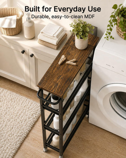 Pipishell Slim Storage Cart with Wheels - 4 Tier Rolling Kitchen Storage Cart with Handle and Wood Top, Metal Slim Bathroom Cart for Laundry Room, Bathroom, Kitchen, Narrow Space, Black & Rustic Brown