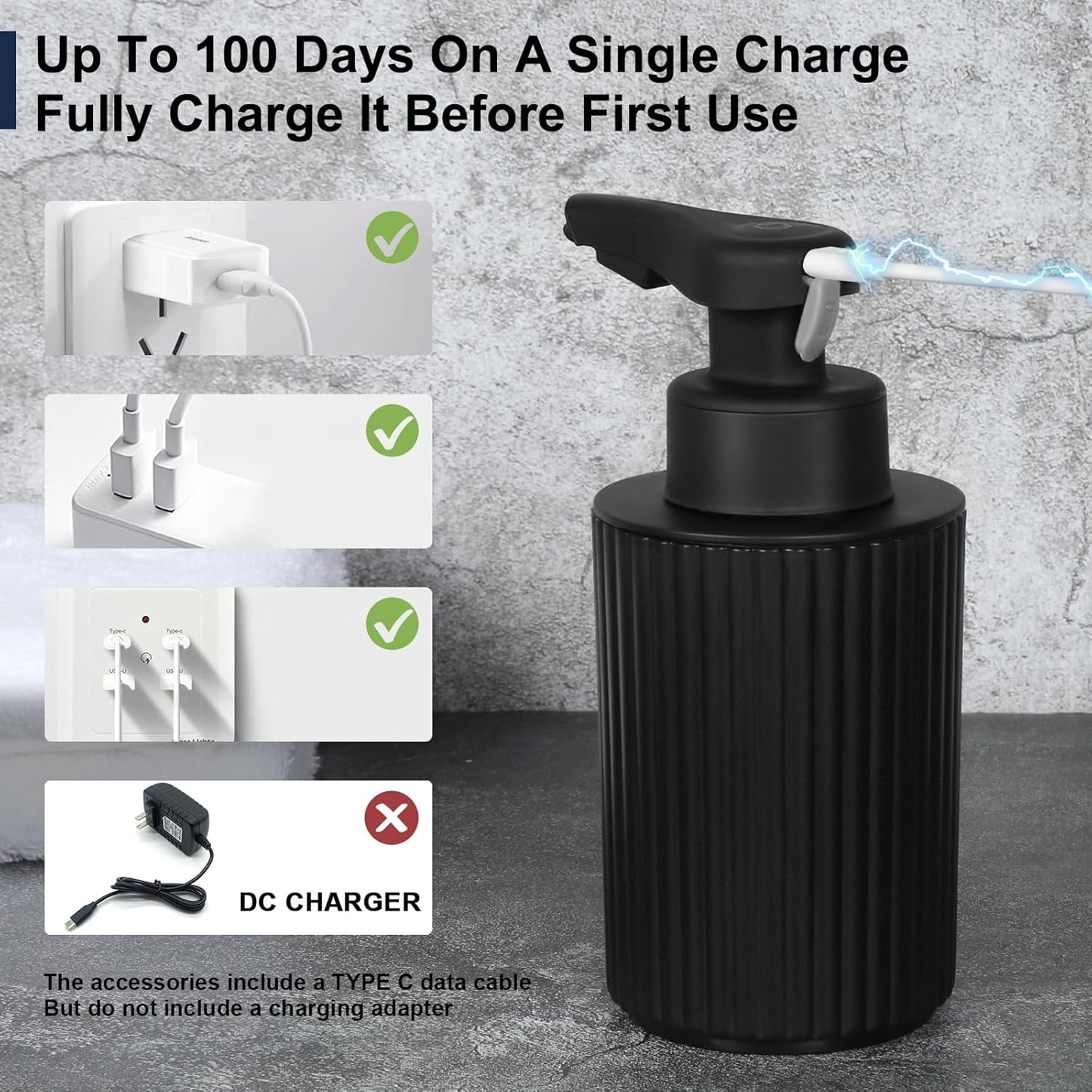Automatic Soap Dispenser Foaming Touchless: 9oz Black Plastic - Rechargeable Electric Smart Auto Foam Soap Dispenser - Hand Dish Bathroom Kitchen