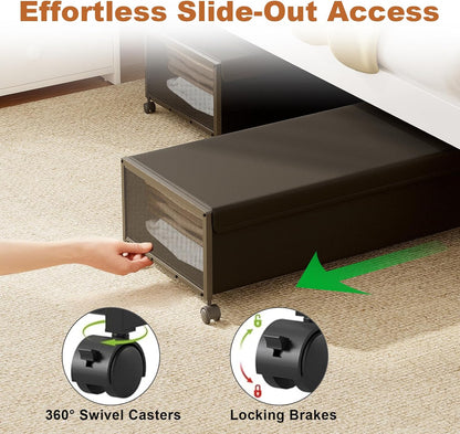 2 Pack Under the Bed Storage Containers,10 inch Height Under Bed Shoe Storage,31inch Long Underbed Storage with Wheels,Large Rolling under bed Clothes Storage Drawers with Lid for Dorm Tall ,Black