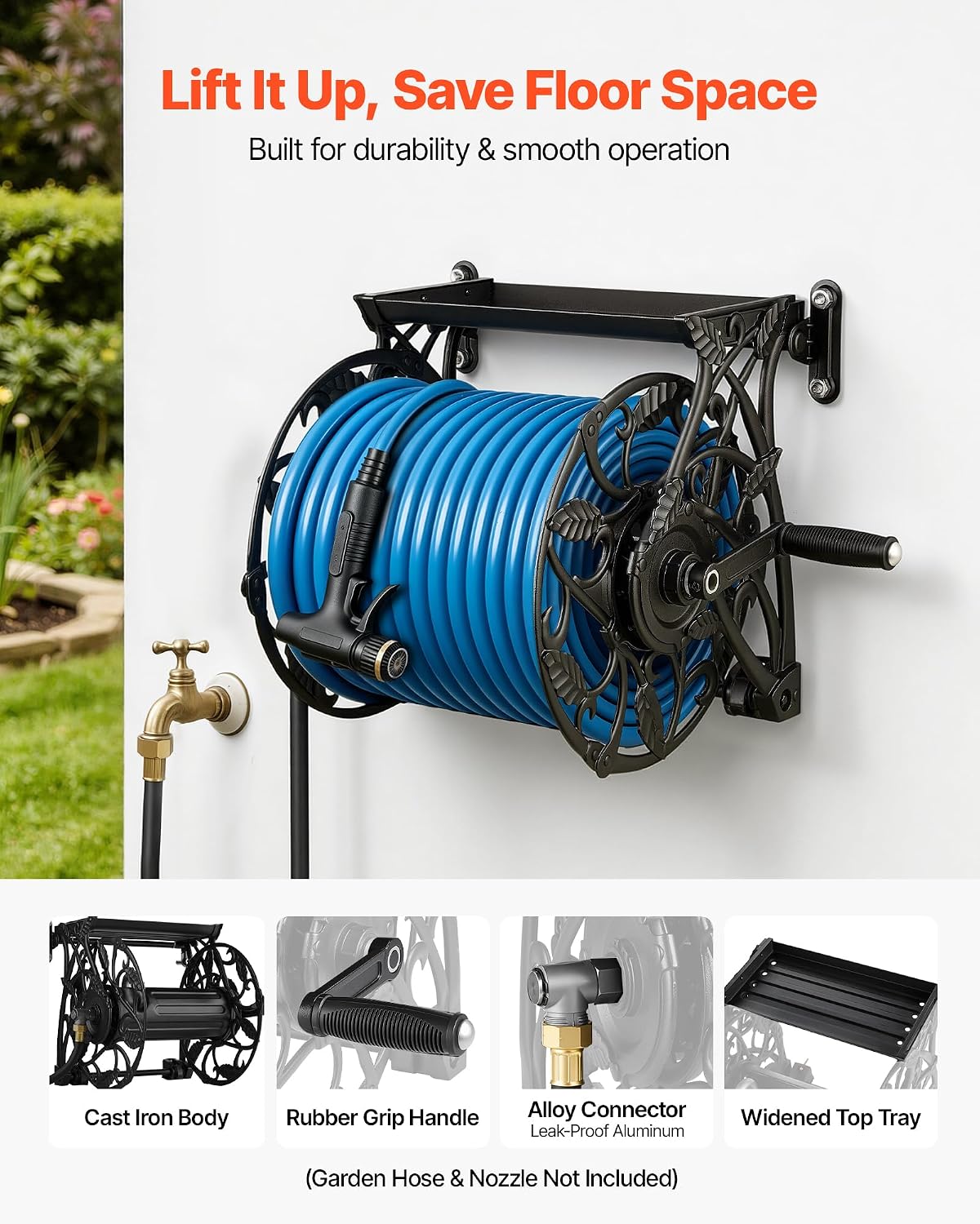 VEVOR Wall Mounted Garden Hose Reel, Holds 125 ft 5/8-inch Hose, Heavy-Duty Water Hose Winder, Space-Saving Design, Outdoor Manual Reel with Brass Fitting and Storage Basket for Yard Lawn