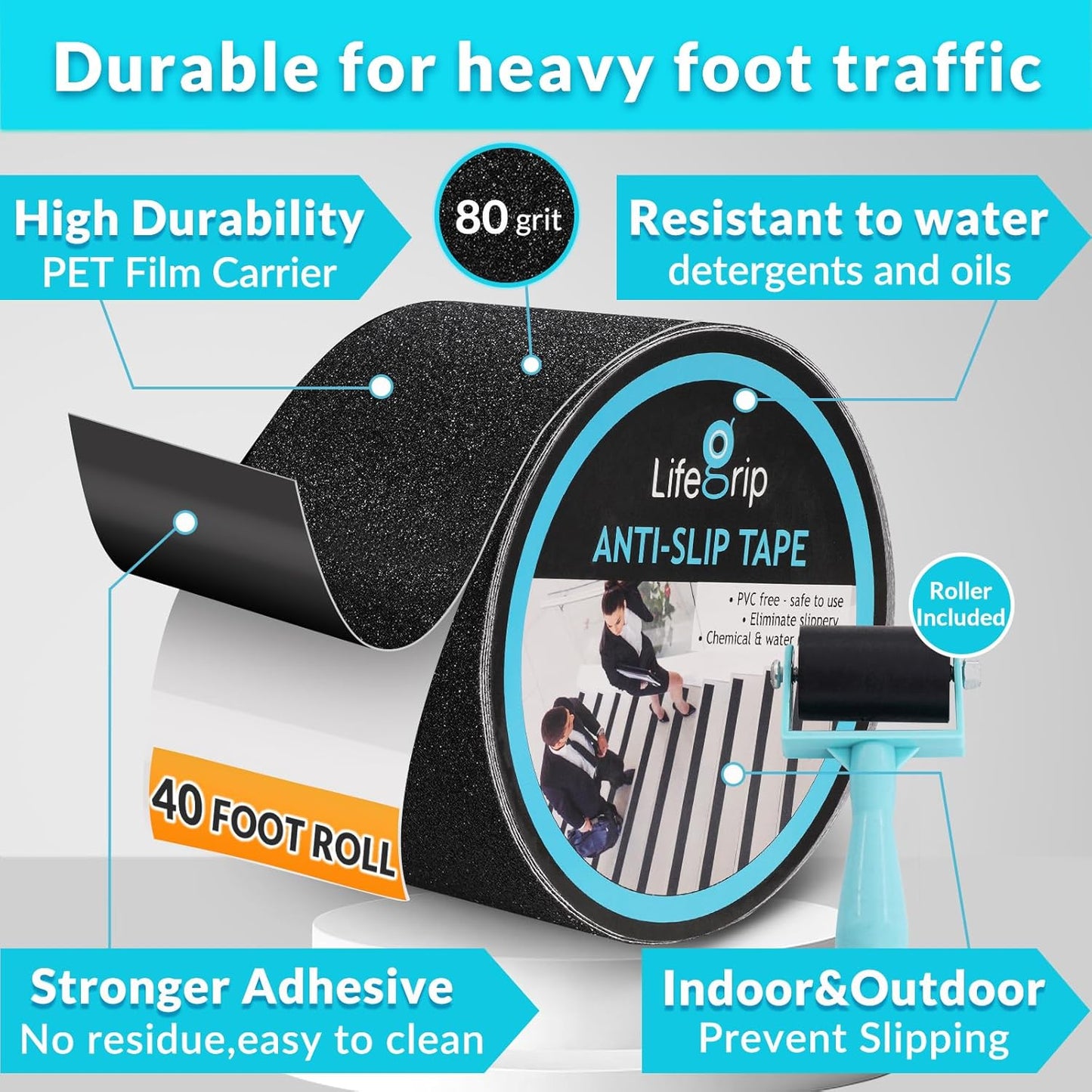 Lifegrip Anti Slip Tape, 4 Inch x 15 Foot Non-Slip Traction Grip Tape for Stairs, Waterproof Stair Treads Grip Non Slip, Non Skid Tape for Steps, Outdoor Black Grip Tape (4" X 15')