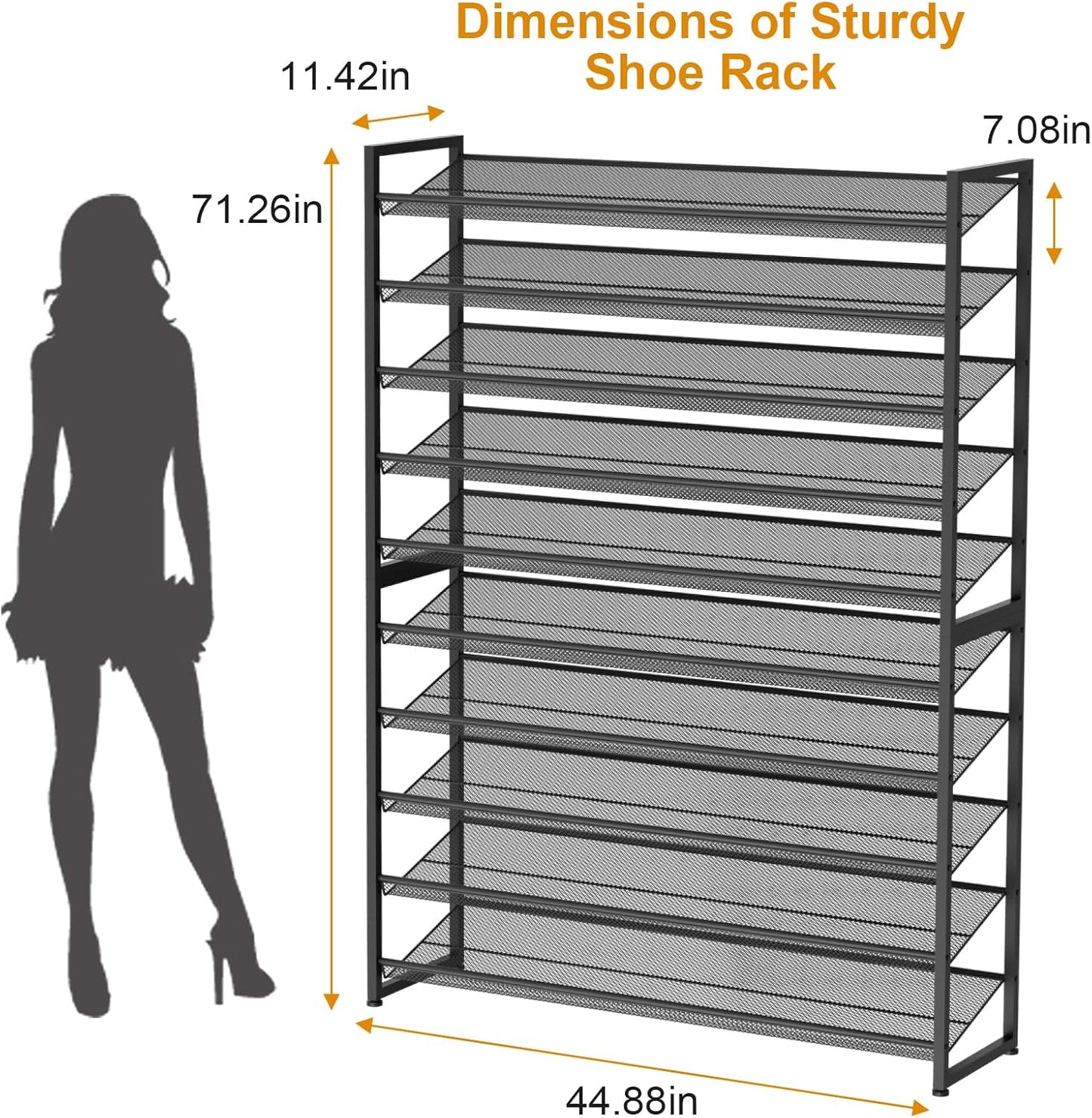 Large Shoe Rack 8 Tier Shoe Organizer, Heavy Duty Metal 4-Tier Stackable Shoe Storage Vertical Shoe Rack for Closet Front Door Entrance, Up to 50 Pairs, 44.8" W x 11.4" D x 56.7" H, Black